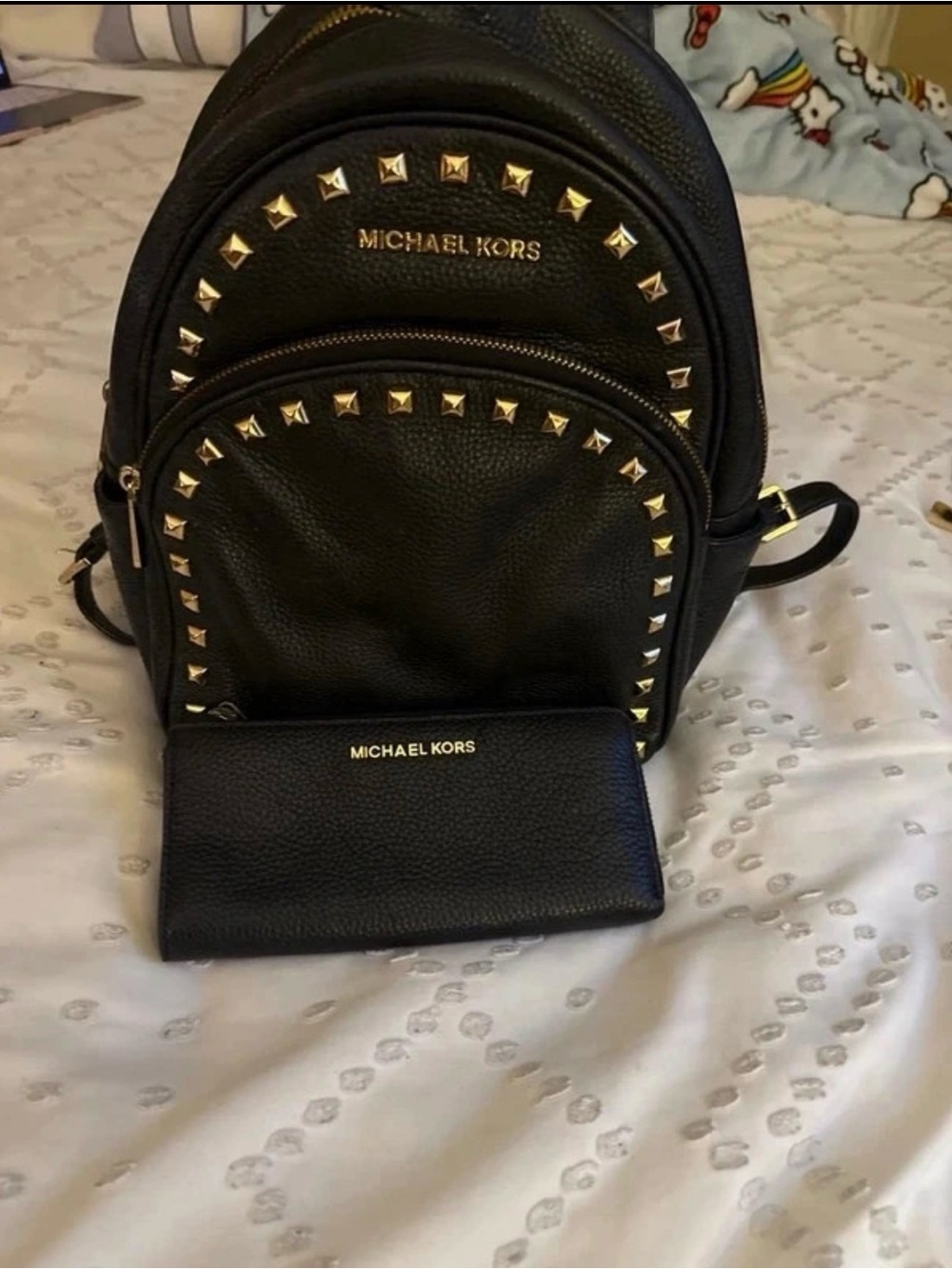 Michael Kors Black Pebbled Leather Studded Mini Backpack with Matching Wallet